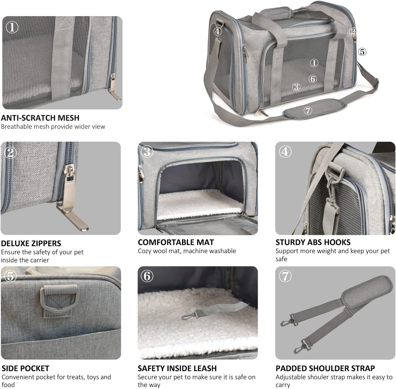 Henkelion Cat Carriers Dog Carrier Pet Carrier For Small / Medium Cats Dogs Puppies (Up To 15lbs), TSA Airline Approved Small Dog Carrier Soft Sided, Collapsible Waterproof Travel Puppy Carrier - Grey