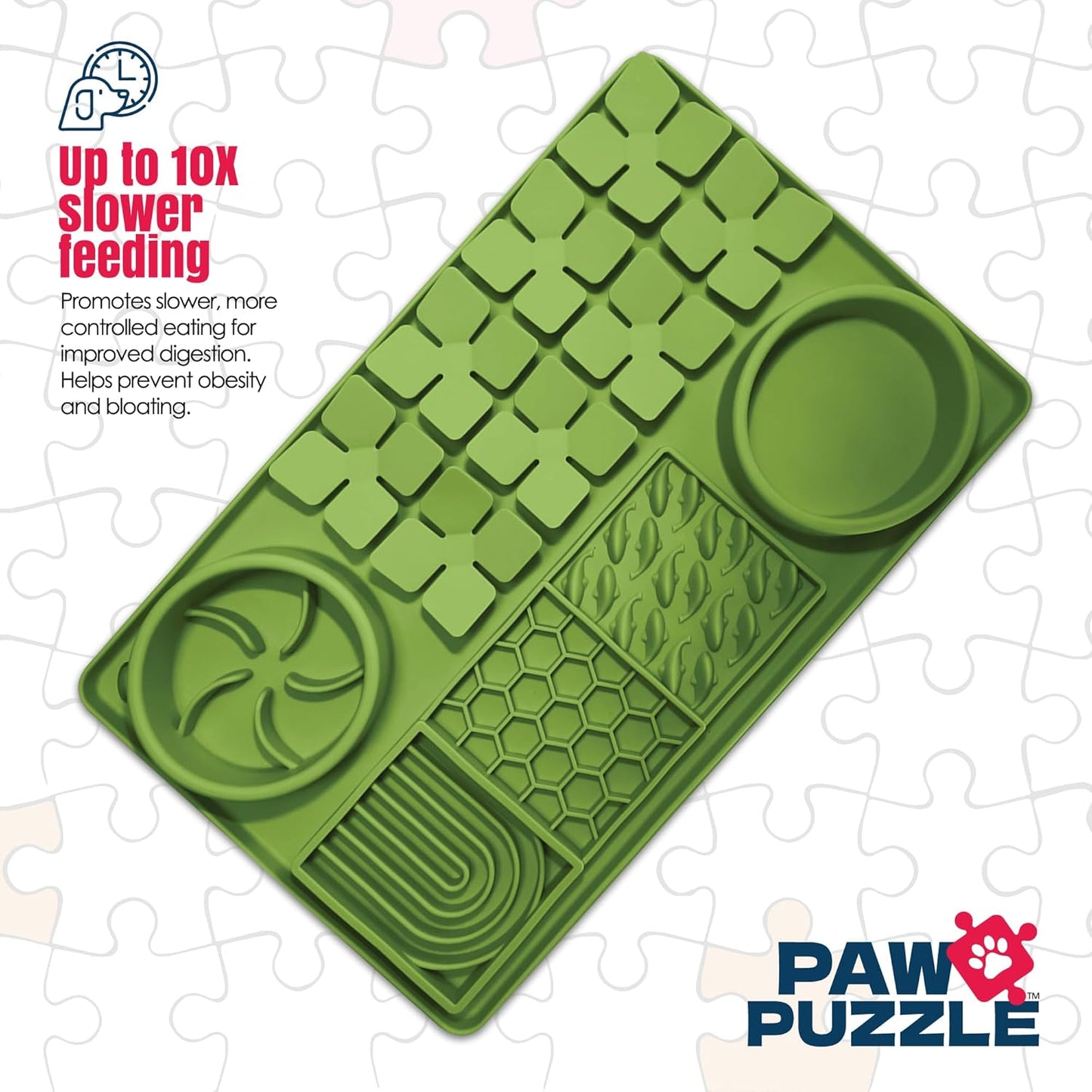Palz&Co Paw Puzzle 2-in-1 Slow Feeder & Lick Mat - Large 15.75"x10.5" Green Non-Slip Silicone Mat for Dogs & Cats, Dry or Wet Food, Enrichment Puzzle Feeder, Dishwasher Safe