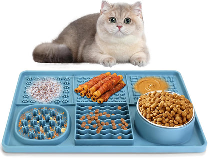 Dog Lick Mat for Small Dogs Cats, 13.8 x 9 Inches Silicone Slow Feeder Dog Licking Mat with Bowls, Peanut Butter Feeding Mat for Anxiety Relief, Reduce Boredom, Improve Eating Habit (Blue)