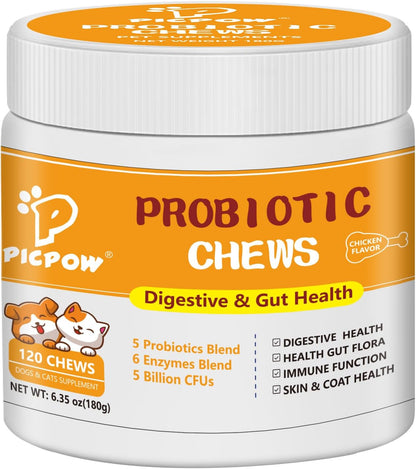 Probiotics for Dogs & Cats, with Prebiotics, Digestive Enzymes,Inulin, Pumpkin for Digestive, Gut, Skin & lmmune Health, Reduce Diarrhea & Gas, Small and Large Dog & Cats, 120 Chews