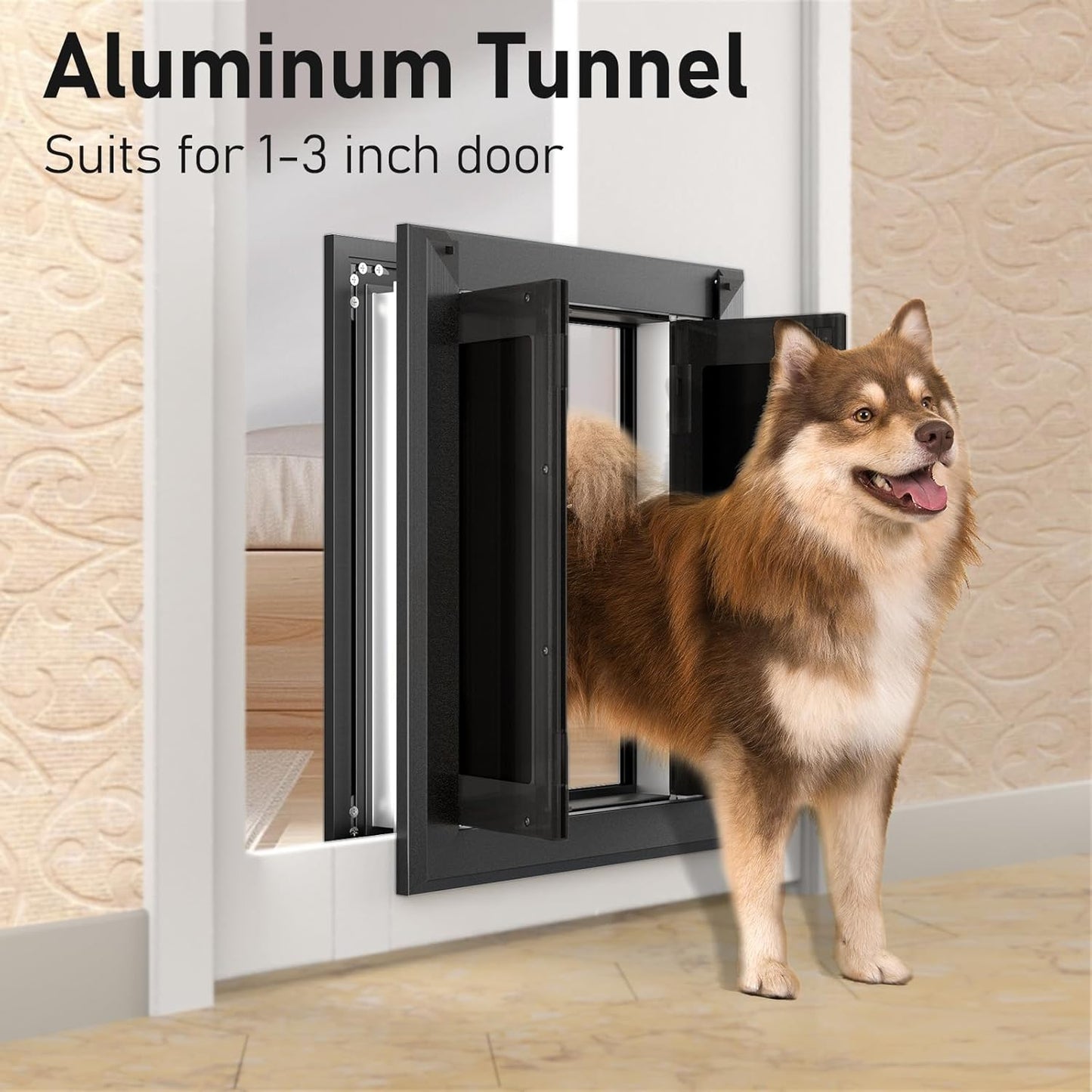 【PATAPLUS】 Aluminum French Large Dog Door,Strong Double Magnetic Flaps,with Aluminum Telescoping Tunnel Heavy-Duty Do g Door for L arge and Medium Dog Up to 110LBS (Large,Black)