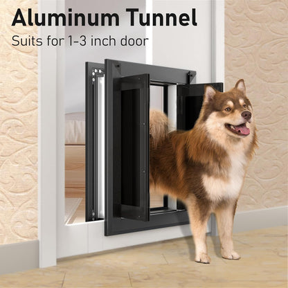 【PATAPLUS】 Aluminum French Large Dog Door,Strong Double Magnetic Flaps,with Aluminum Telescoping Tunnel Heavy-Duty Do g Door for L arge and Medium Dog Up to 110LBS (Large,Black)