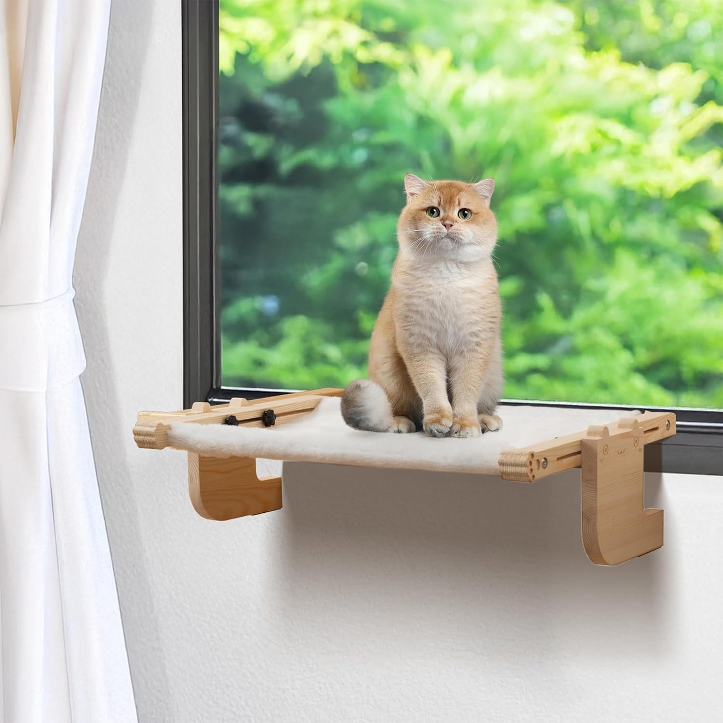 Laveivert 2-in-1 Cat Sill Window Perch, Cat Window Seat for Small & Large Cats, Nartural Color Wood & Metal Frame Cats Indoor Hammock Free-Standing, Easy to Adjust Windowsill