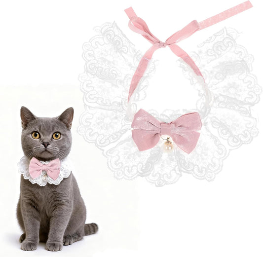 Breakaway Cat Bow Collar, Floral Cute Kitten Collar, Adjustable Safety Ties with Pearl Bell, Elegant Lace Necklace for Indoor Girl Cats, Dogs, Pets (Pink)