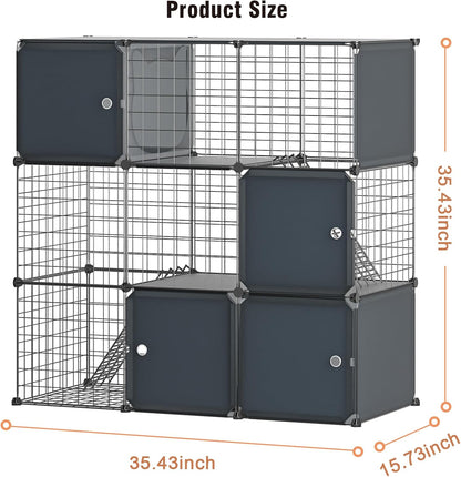 3-Tier Large Cat Enclosure Indoor & Outdoor with Litter Box, Detachable Multifunctional Catio Playpen - DIY Metal Wire Kennel Cage for Cats