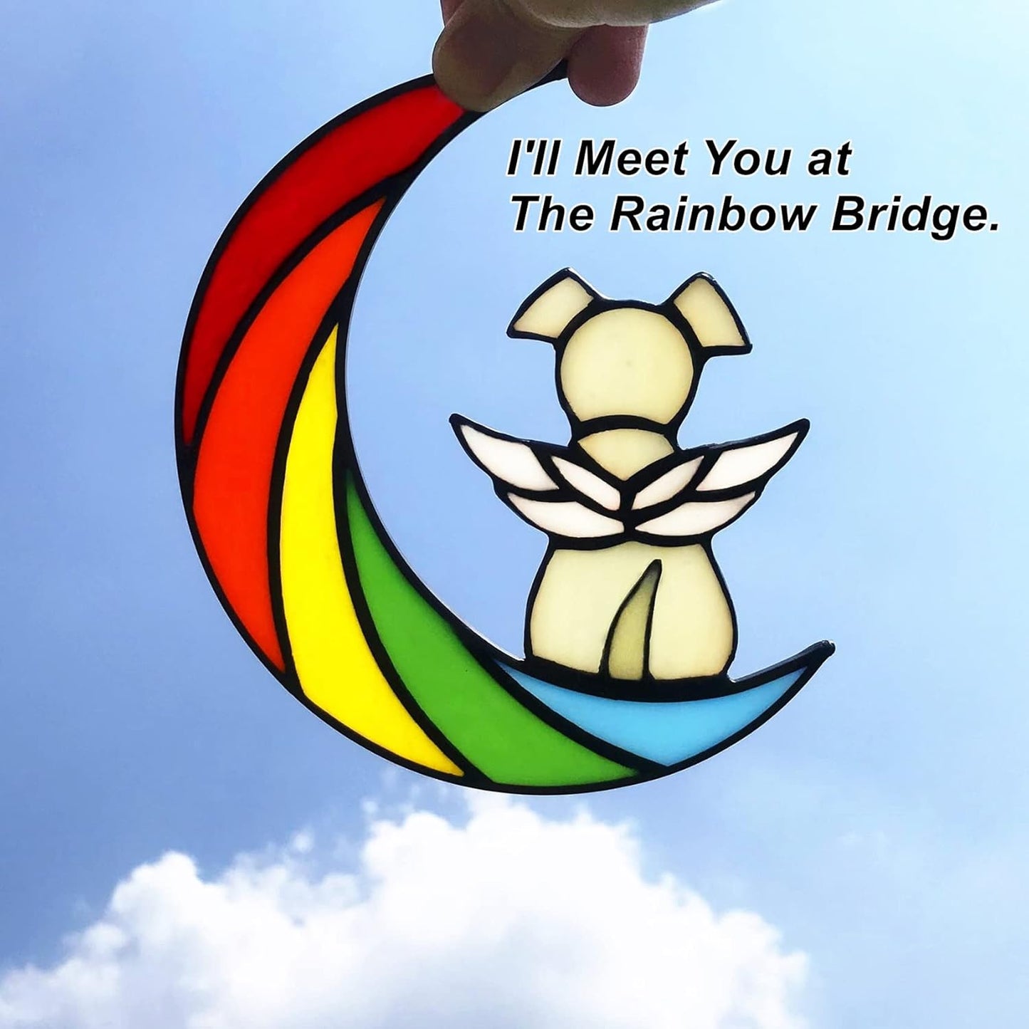 Stained Glass Rainbow Bridge Dog Memorial Gifts for Loss of Dog Sympathy Remembrance Suncatcher, Angel Wings Pet Loss Bereavement Gifts in Memory of Pet Passing Away Window Hanging.