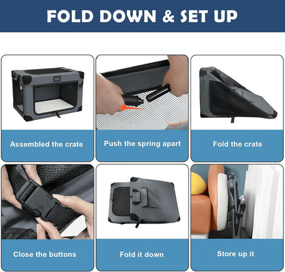 30 Inch Soft Dog Crates, Collapsible Dog Travel Crate for Medium Dogs Indoor & Outdoor, 3-Door Foldable Pet Kennel with Mesh Windows, Soft Blanket and Foldable Bowl