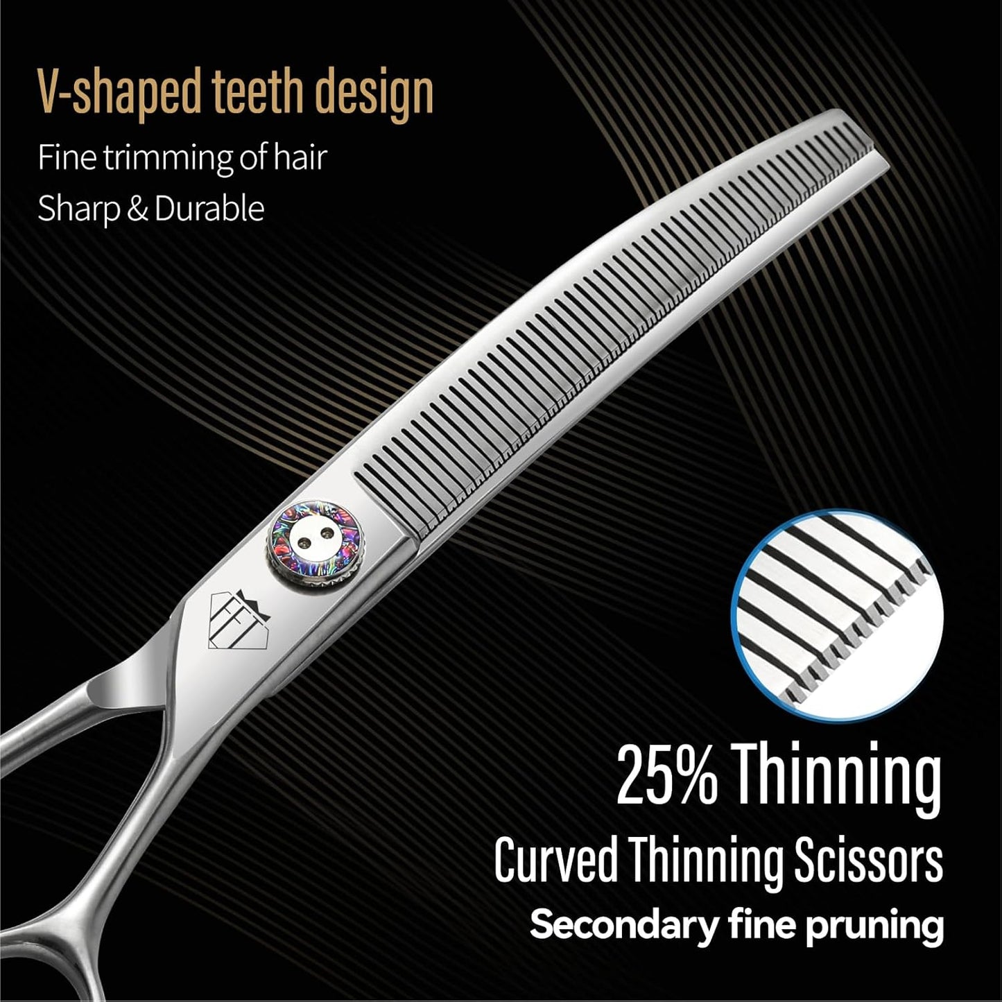 Professional Dog Grooming Scissors, 7 Inch JP440C Stainless Steel, 25% Thinning Curved Shears with Ergonomic Handle, Silver (Curved Thinner, 7.5")