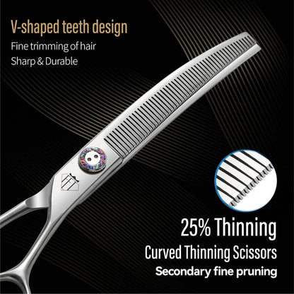 Professional Dog Grooming Scissors, 7 Inch JP440C Stainless Steel, 25% Thinning Curved Shears with Ergonomic Handle, Silver (Curved Thinner, 7.5")