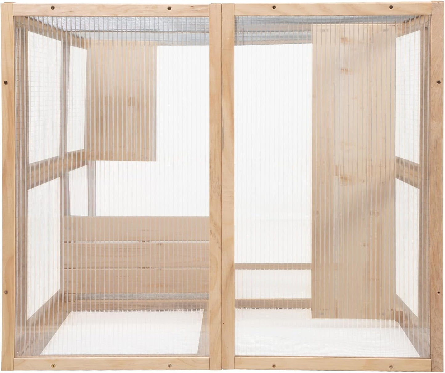 Wooden Cat Catio Outdoor Enclosure with Hammock and Platforms, Weatherproof Design, Burlywood