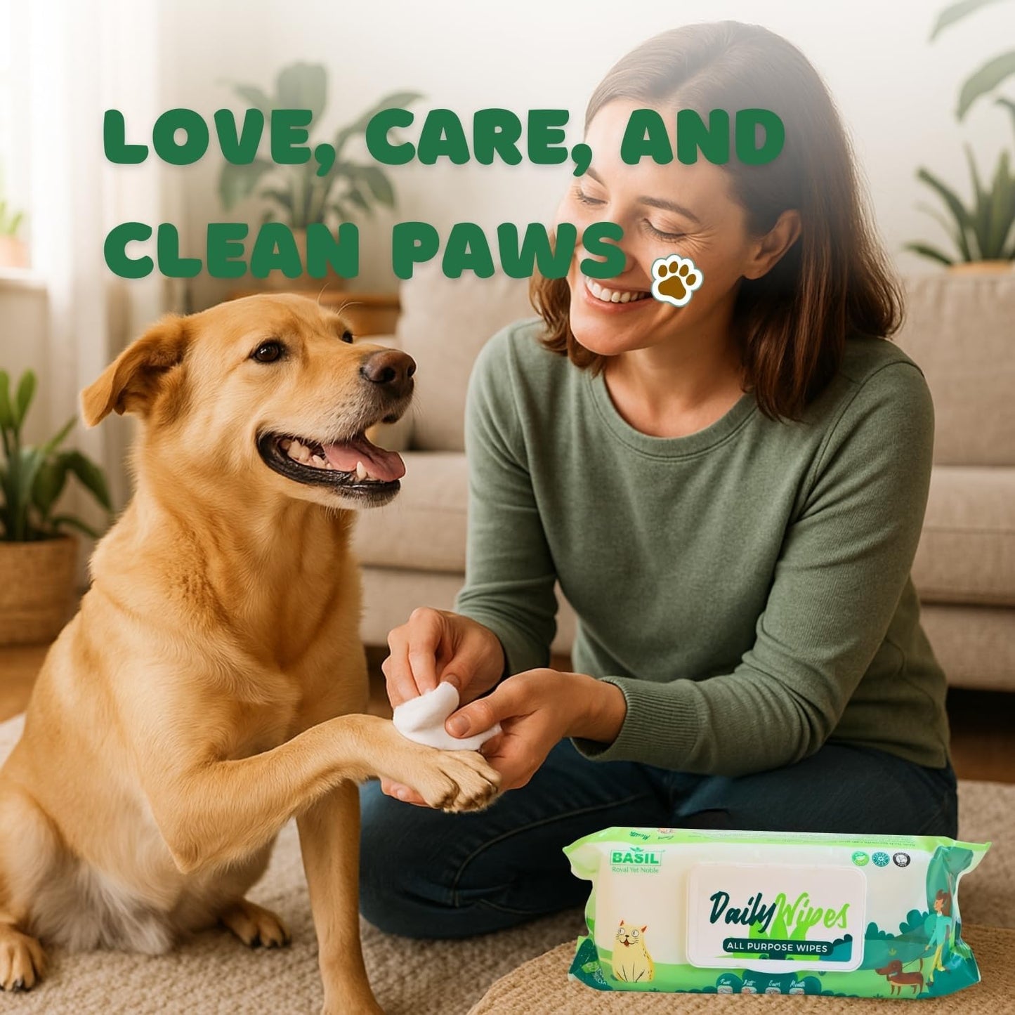 BASIL - Pet Grooming Wipes – 80 Count (8″ × 8″) | Aloe Vera, Vitamin E & Castor Oil Infused | Multi-Purpose Wipes for Dogs, Cats & Puppies | Cleans Paws, Ears, Mouth & Butt | Lemon Scent, Paraben-Free