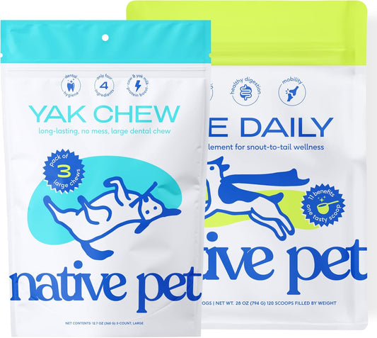 Native Pet The Daily Dog Vitamins & Supplements (120 Scoops) & Yak Chews (3 Large Chews) - All Natural Dental Stick Made with Yak Cheese for Aggressive Chewers & 11-in-1 Multivitamin for Dogs