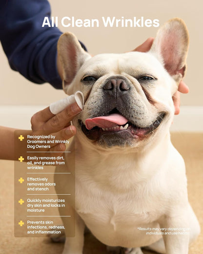 HICC PET Dog Wrinkle Wipes, Gentle Tear Stain Remover & Fold Cleaner, Vet-Approved Wipes for Odor & Itch Relief, Cleans Tail Pockets & Facial Folds for French Bulldogs, Pugs, Shar-PEIS (100 Ct)