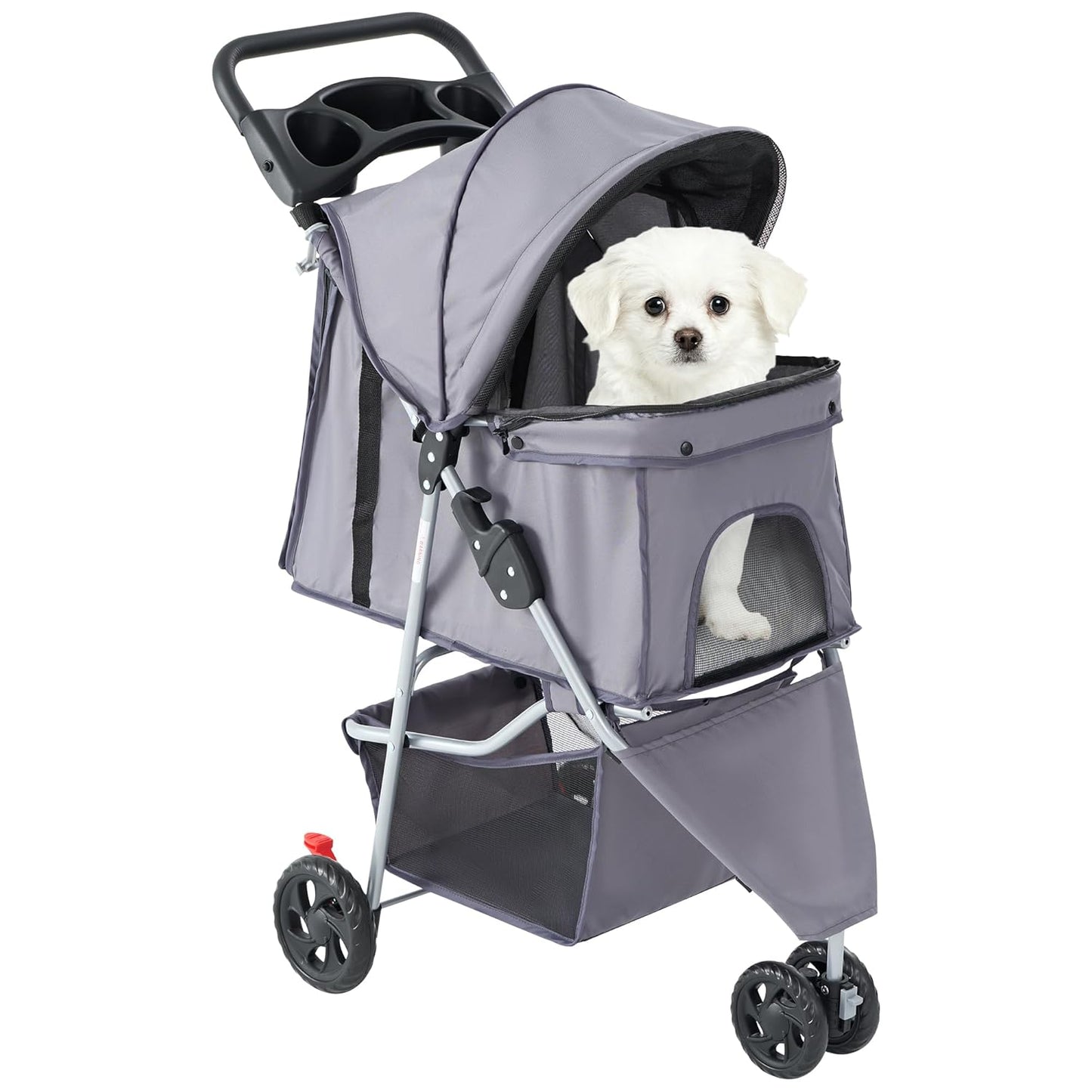 Smug 3 Wheels Pet Stroller, Dog and Cat Strollers, Storage Basket and Cup Holder, Breathable Mesh, Lightweight Travel Carrier, Waterproof and Foldable for Small Pets Outdoor Walk, Grey