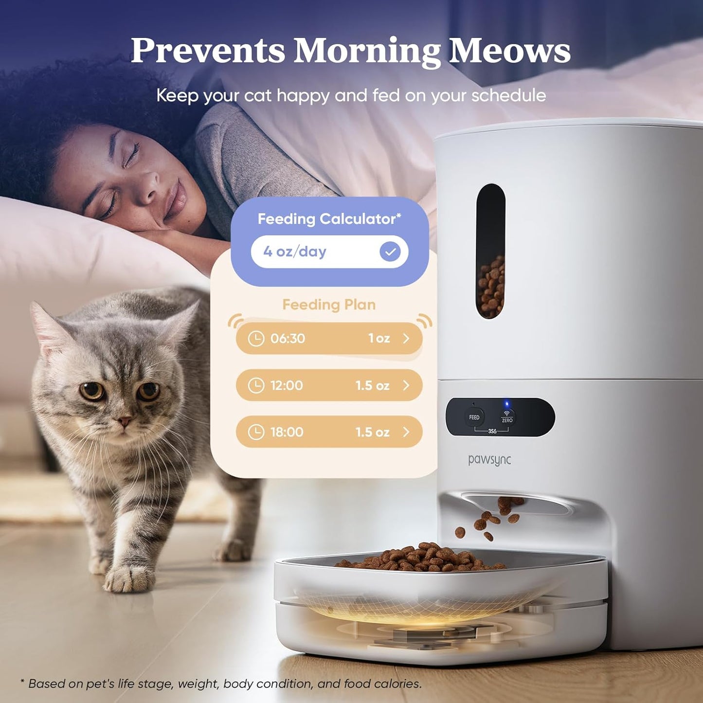 Pawsync Automatic Cat Feeder, WiFi Smart Scale Tracks Pet's Food Intake, App Control, 3.6L Timed Food Dispenser for Cats and Dogs, Up to 10 Meals Per Day, Stainless Steel Bowl, Dual Power Supply