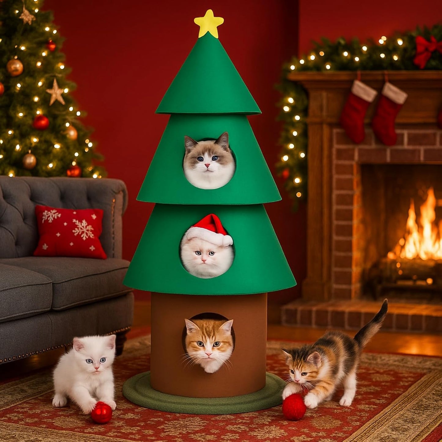Leinuosen 60 Inch Felt Cat Christmas Tower for Indoor with 3 Condos 5 ft Xmas Tall Cat Tree Tower Furniture with Star Topper for Kitty Kitten DIY Christmas Decoration Activity Center Play House