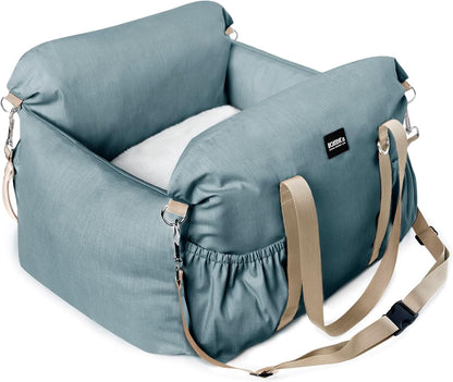 Small Dog Car Seat with Safety Leash - Up to 25lbs, Waterproof Travel Bed with Detachable Cover and Pockets - Easy Installation - Blue