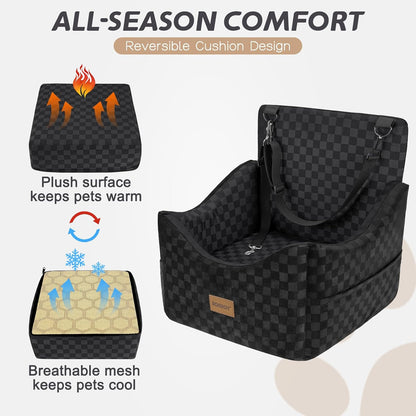 JOEJOY Elevated Dog Car Seat for Small/Medium Dogs up to 35 lbs, Memory Foam Booster Seat with Detachable Washable Cover, Travel-Safe Car Bed with Safety Belts & Storage Pockets, Black