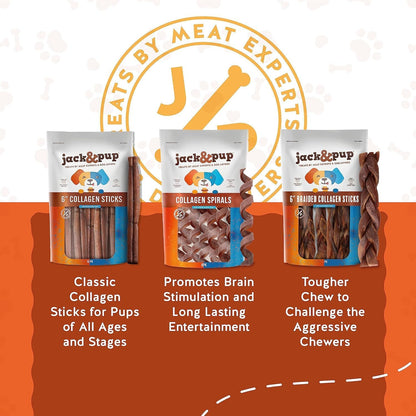Jack&Pup 6" Braided Beef Collagen Sticks for Dogs - Rawhide Free Dog Chews Long Lasting Collagen Chews for Dogs - Bully Sticks Alternative (1 Pack)