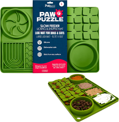 Palz&Co Paw Puzzle 2-in-1 Slow Feeder & Lick Mat - Large 15.75"x10.5" Green Non-Slip Silicone Mat for Dogs & Cats, Dry or Wet Food, Enrichment Puzzle Feeder, Dishwasher Safe