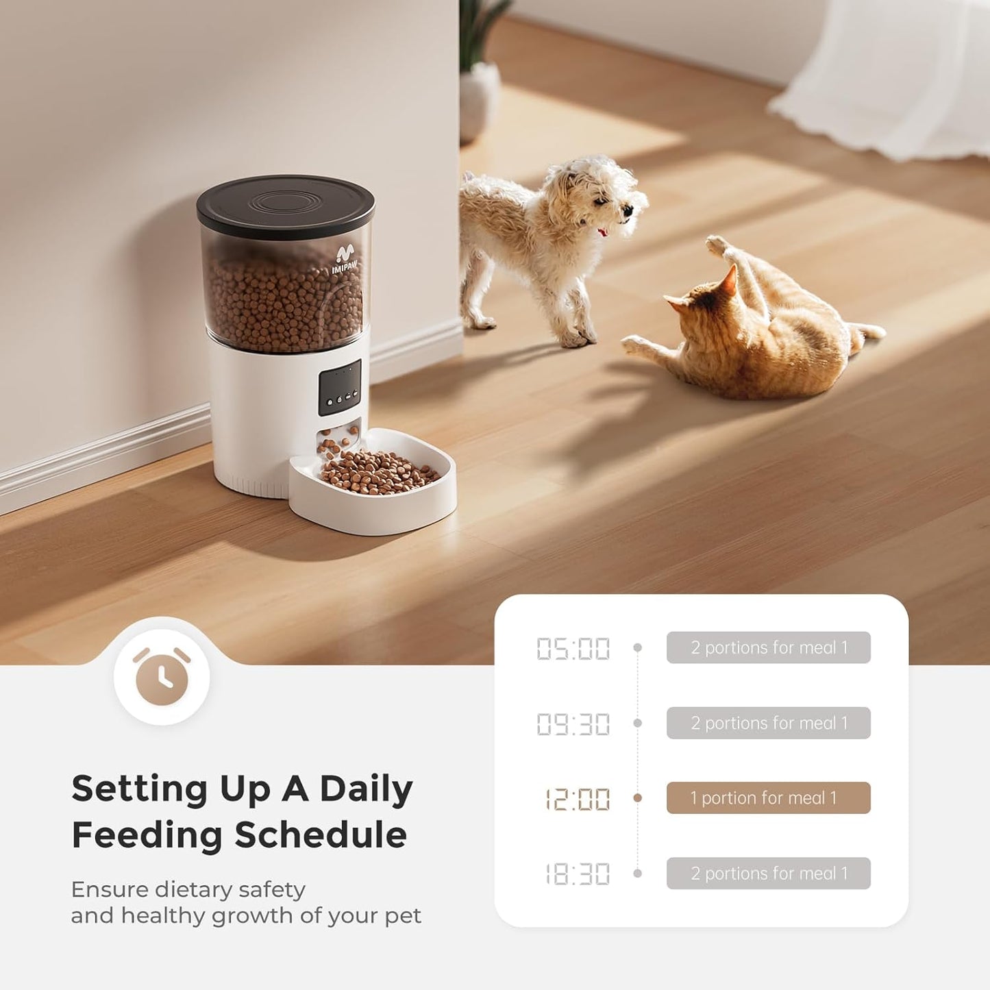 IMIPAW Automatic Cat Feeder, 3L Timed Dry Food Dispenser with Desiccant, Programmable Portion Control, Dual Power Backup, 10 Meals Daily, 15 Portions Per Meal, Suitable for Small Pets, Easy Setup