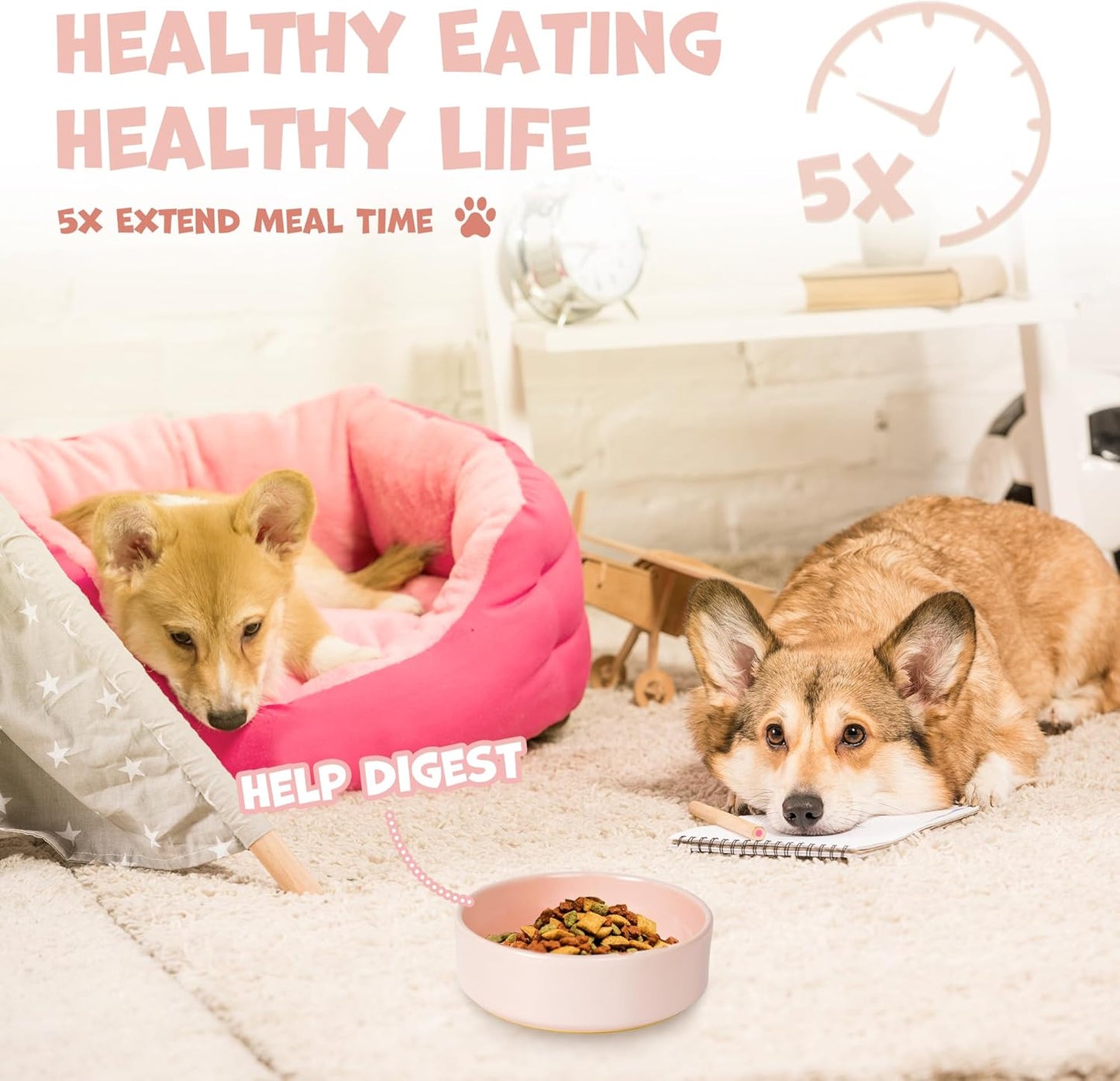 Ceramic Slow Feeder Dog Bowl for Medium Size, Cute Paw Slow Feeding Food Bowl for Medium Breeds, Ceramics Dog Dishes, Non Slip, Pet Brithday Gifts, Pink