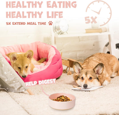 Ceramic Slow Feeder Dog Bowl for Medium Size, Cute Paw Slow Feeding Food Bowl for Medium Breeds, Ceramics Dog Dishes, Non Slip, Pet Brithday Gifts, Pink