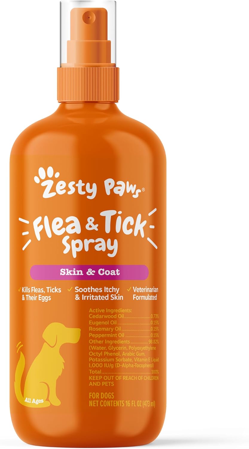 Zesty Paws Flea and Tick Spray for Dogs - Kill Fleas, Ticks & Their Eggs - Veterinarian Formulated - Soothes Itchy & Irritated Dog Skin - Cedarwood Oil, Rosemary Oil & Peppermint Oil