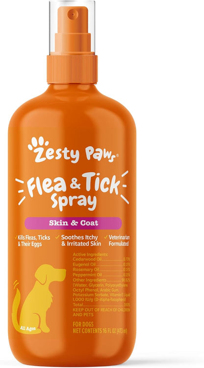 Zesty Paws Flea and Tick Spray for Dogs - Kill Fleas, Ticks & Their Eggs - Veterinarian Formulated - Soothes Itchy & Irritated Dog Skin - Cedarwood Oil, Rosemary Oil & Peppermint Oil
