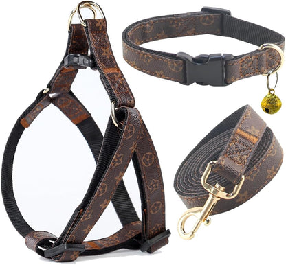 Dog Collar Harness and Leash-Adjustable and No Pull pet Harness for Dogs with Plastic Buckle, Stylish Pattern for Small Medium or Large Boy and Girl Dog