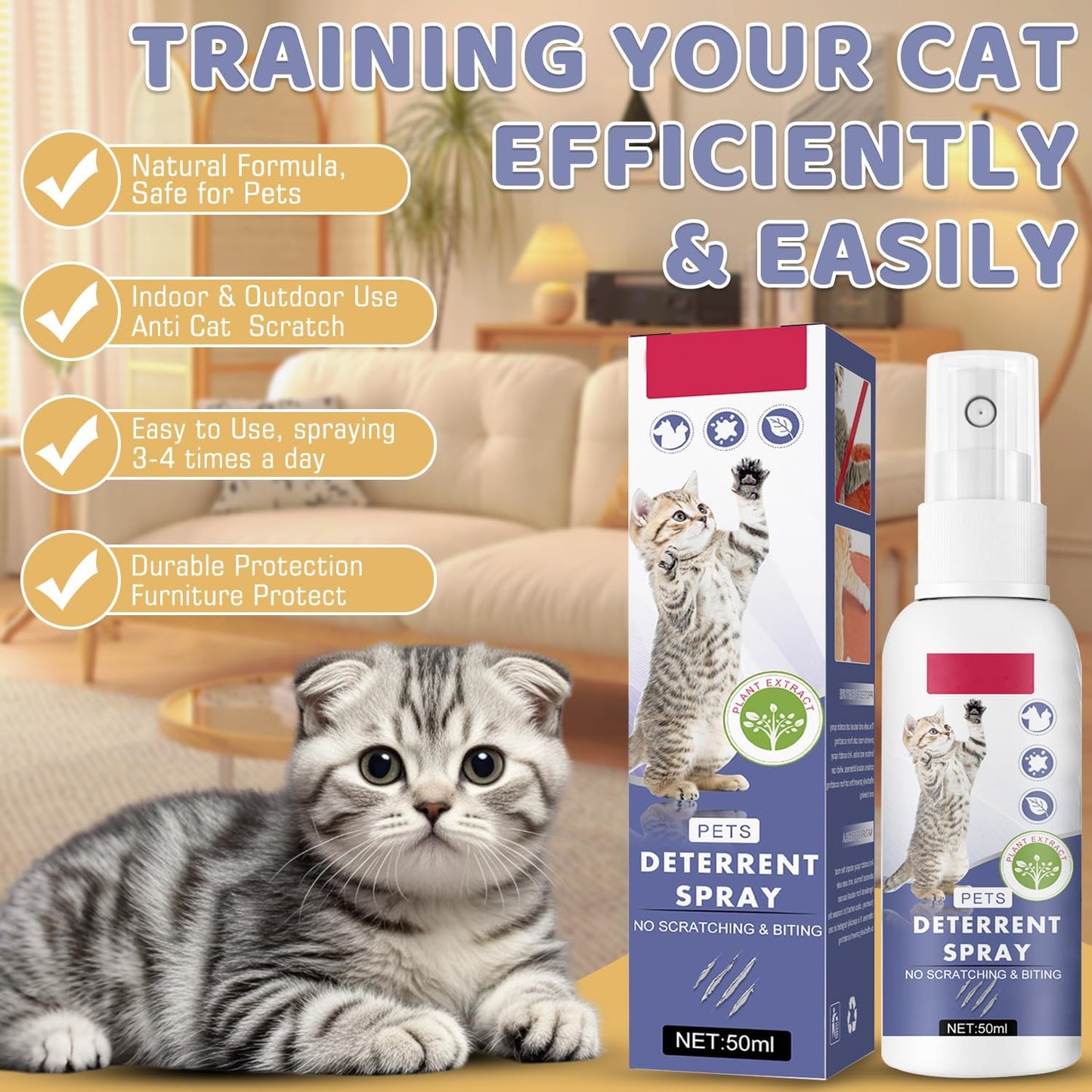 Tetra No Scratch Spray for Cats, Natural Anti Scratch Cat Spray, EffectiAve Cat Bitter Spray for Chewing & Scratching Keep Off Cat Indoor or Outdoor, Protect Furniture, Curtain, Floor & Plant, 50 Ml
