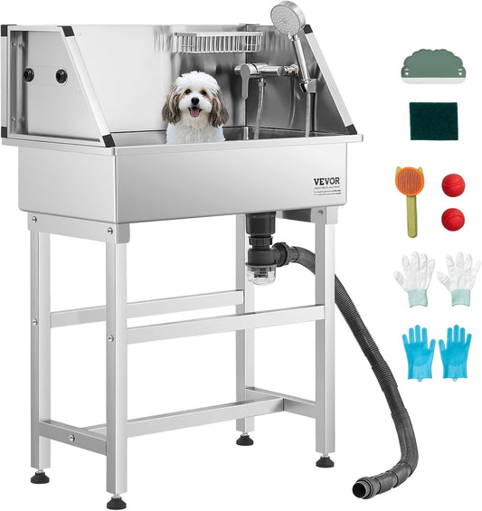 VEVOR Professional Dog Washing Station, 34 Inch Stainless Steel Pet Grooming Tub with Hot & Cold Faucet, Showerhead, Storage Rack, No-Bend All-in-One Bathtub, Home Wash Sink, Fits Small Cats and Dogs