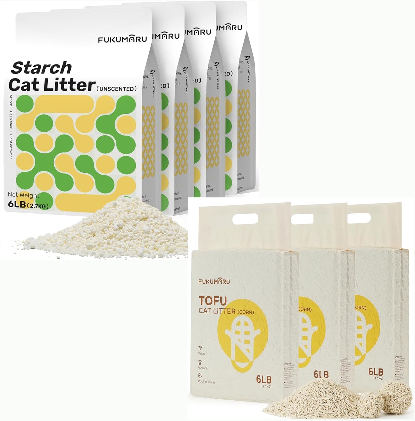 FUKUMARU 18LB Tofu Cat Litter Corn and 24LB Cassava Cat Litter, Natural Ingredients, Quick Clumping, Lightweight, 24/7 Odor Control