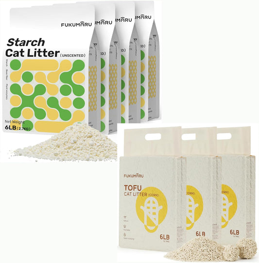 FUKUMARU 18LB Tofu Cat Litter Corn and 24LB Cassava Cat Litter, Natural Ingredients, Quick Clumping, Lightweight, 24/7 Odor Control
