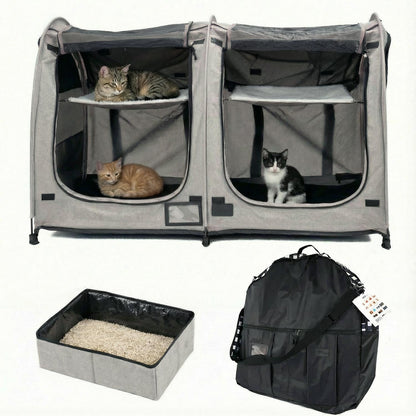 Portable Twin Compartment Show House Cat Cage Condo,Comfy Puppy Home Dog Travel Crate with Carry Bag,2 Hammocks and Mats & Collapsible Litter Box and Water Bottle
