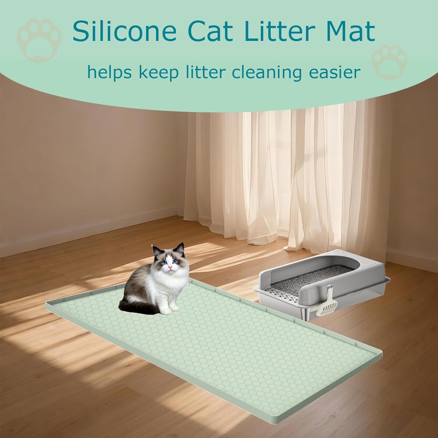 Cat Litter Mat for Litter Box, Silicone Large Cat Litter Trapping Mat - 28x19 in, Waterproof & Non-Slip, Durable & Easy Clean, Green