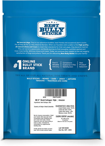 Best Bully Sticks Braided Beef Collagen Sticks - 9 Inch 10 Count (Pack of 1) - Natural, USA Baked and Packed, Easily Digestible, Limited Ingredient, Rawhide Alternative