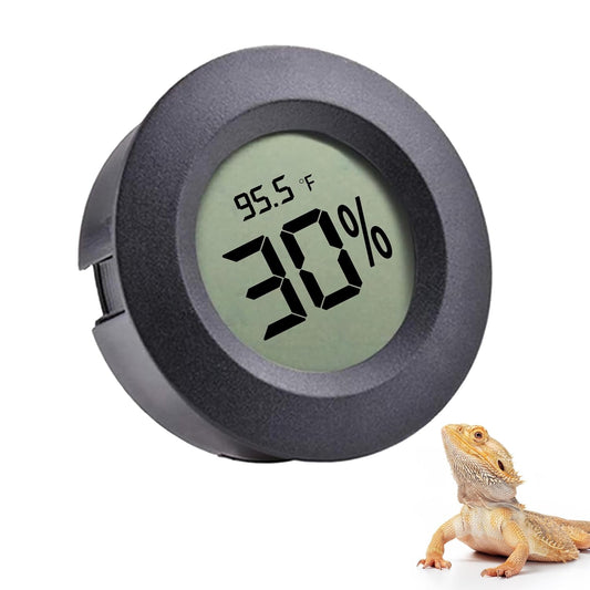 SunGrow Reptile Thermometer with Hygrometer with Digital Display, Accurate Temperature, Humidity Gauge for Snake and Lizard Tanks, Round Clear LCD, Black, 1.8”x1.8”x0.6”