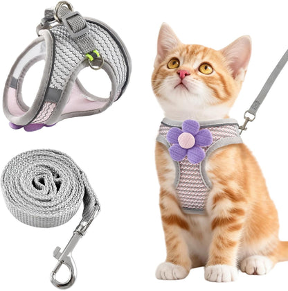 Escape Proof Cat Harness and Leash Set, Adorable Purple Floral Cats Vest Harness for Kittens Breathable Adjustable Step-in Cat Walking Harness with Reflective Strip for Outdoor Walking Travel