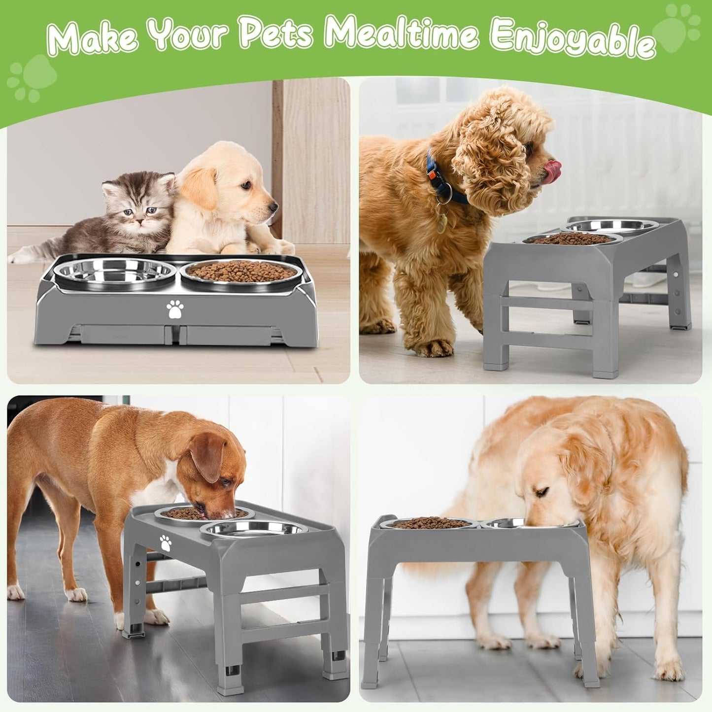 Elevated Raised Dog Bowl Stand with 2 Stainless Steel Bowls, Adjustable Height for Medium Large Dogs, 12.36" - 3.7" Foldable Feeder, Grey