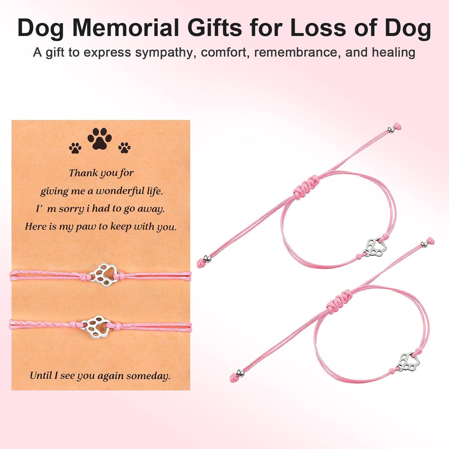 TIESOME 2pcs Pet Death Memorial Gift Bracelet, Pink Dog Paw Print Bracelet Gift Paw Memorial Furry Friends