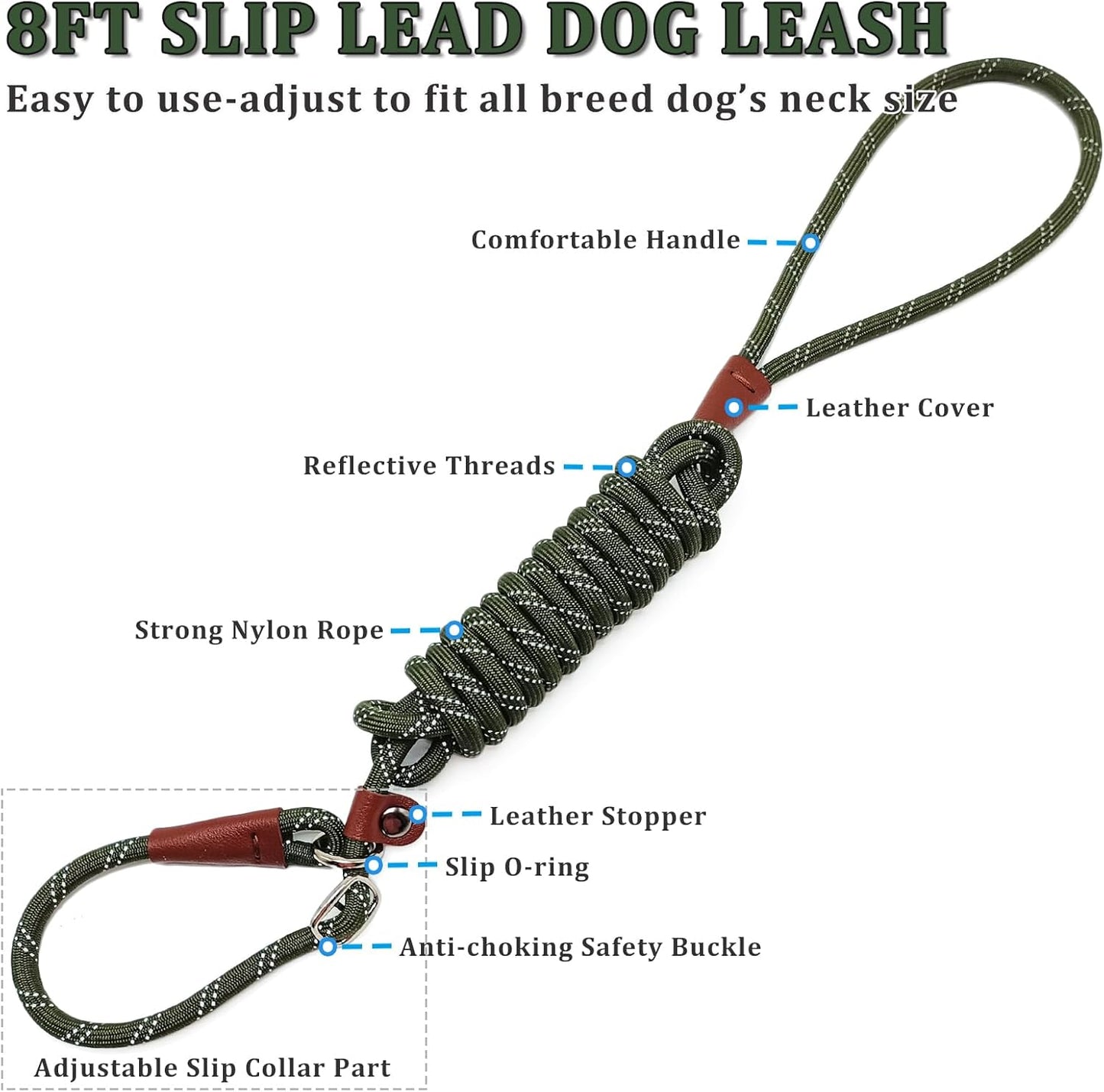 WYuZe 8 FT Slip Leash for Dogs Training (Black+Blue+Olive)