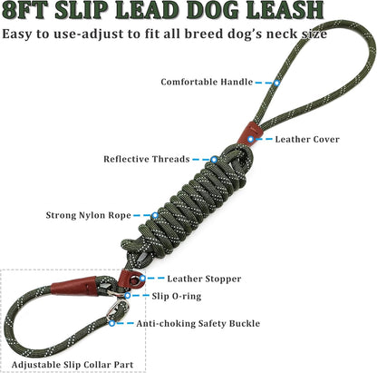 WYuZe 8 FT Slip Leash for Dogs Training (Black+Blue+Olive)