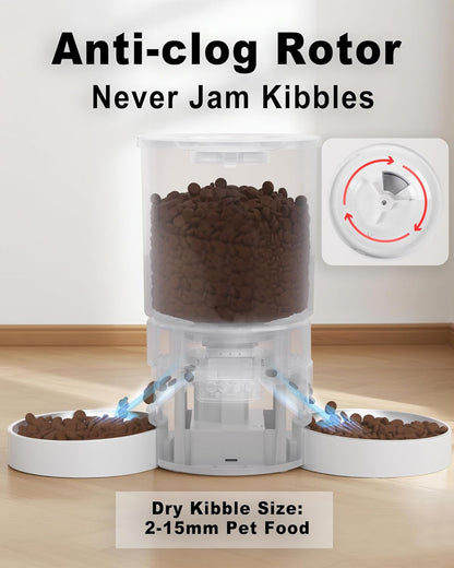 Automatic Cat Feeder for 2 Cats,4.2L Programmable 1-6 Meals Control Cat Food Dispenser,Dual Power Supply,10S Voice Record (Transparent White, Stainless Steel 2 Bowls)