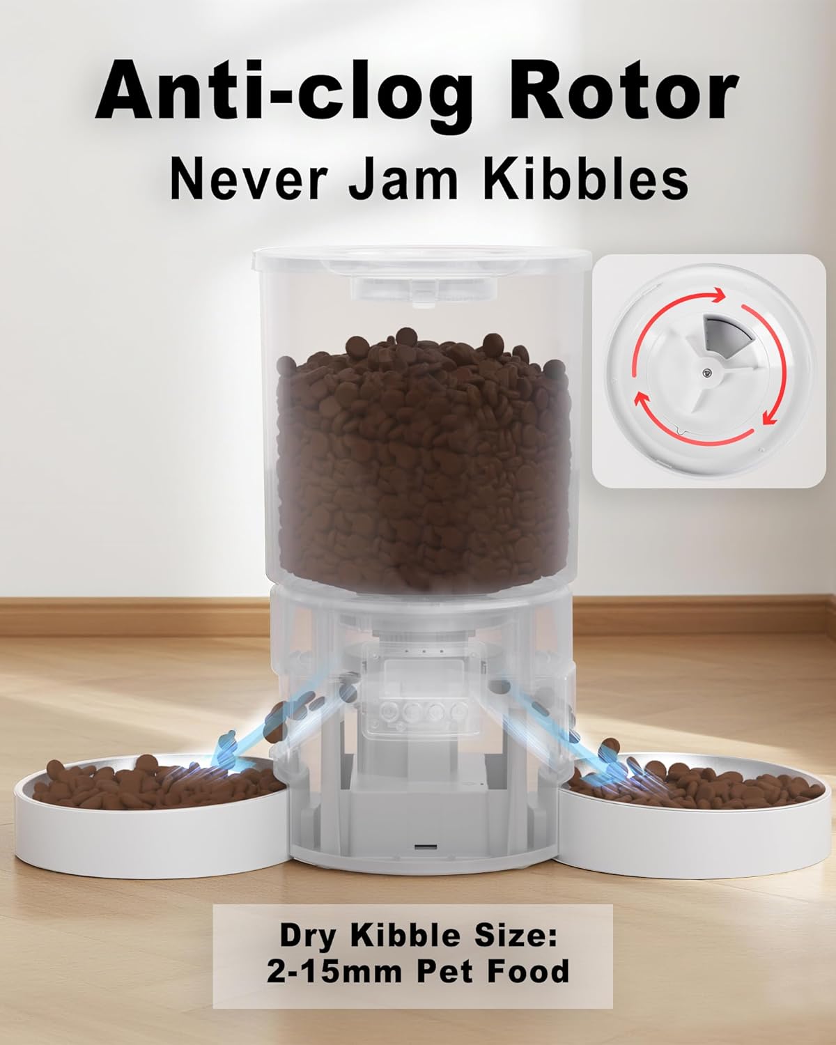 Automatic Cat Feeder for 2 Cats,4.2L Programmable 1-6 Meals Control Cat Food Dispenser,Dual Power Supply,10S Voice Record (Transparent White, Stainless Steel 2 Bowls)