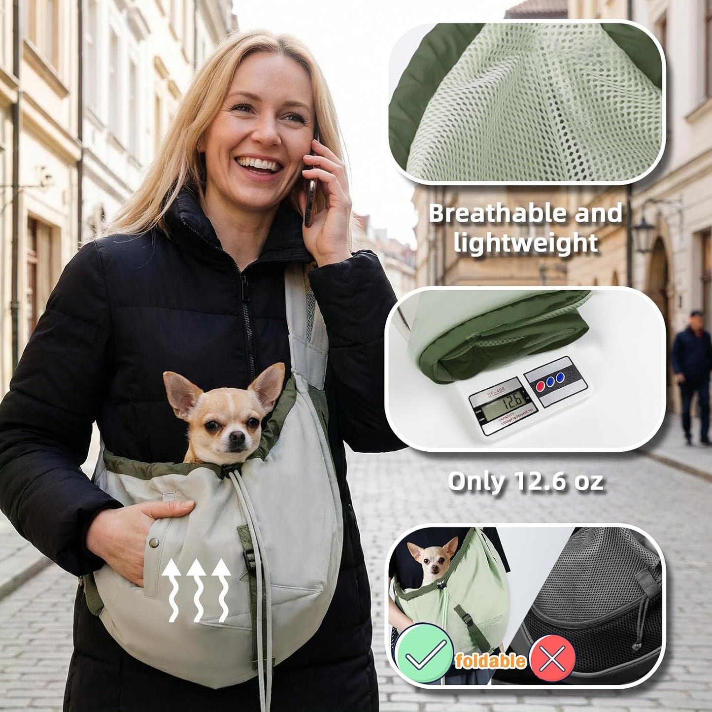 Dog Carrier Sling,Dog Carriers for Small Dogs & Cats Up to 20 lbs,Puppy Carrying Backpack Pet Purse with Pockets,Adjustable Shoulder Strap,Hands Free for Travel (Army-Green)
