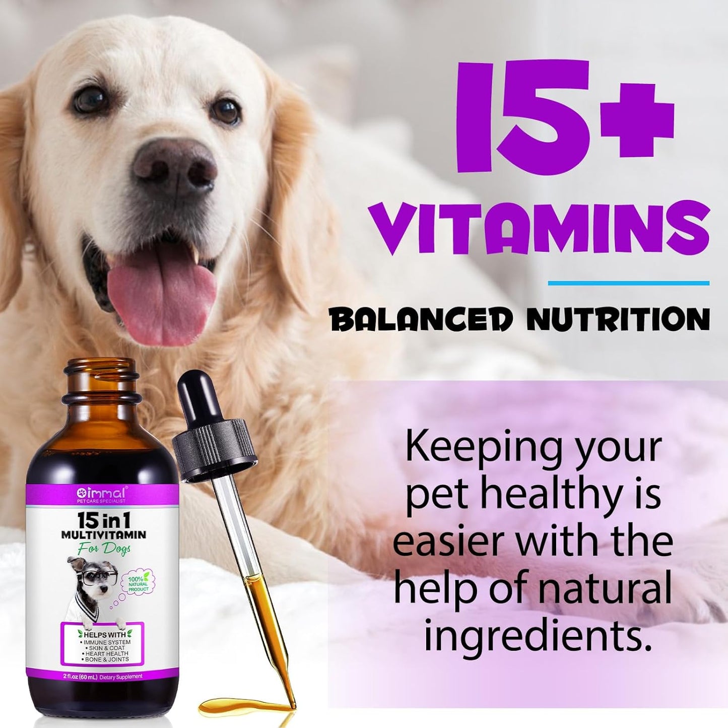 Dog Multivitamin, 15 in 1 Dog Multivitamin Liquid Drops Supplements, Dog Vitamins for Support Skin & Coat, Heart Health, Bones, Joint, Immune System Support, 60ml