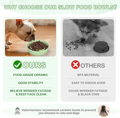 TRUVIC Ceramic Slow Feeder Dog Bowls, 1.5 Cup Puzzle Slow Feeder Bowls for Fast Eaters, Ceramic Dog Food Dish no Black Chin, Puzzle Bowl for Medium Dogs, Green