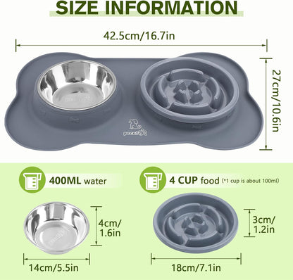 Pecute Slow Feeder Dog Bowls to Slow Down Eating, Dog Bowl Slow Feeder with No-Spill Non-Skid Silicone Mat, Food-Grade Safe Dog Food Bowls Slow Feeder, Stainless Steel Dog Water Bowl for Dogs Cats