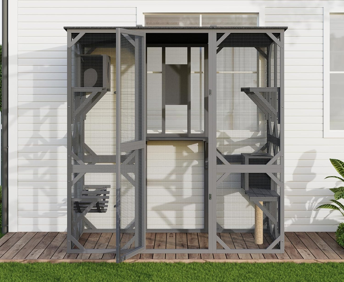 70" Catio Outdoor Cat Enclosure with Window, Waterproof Roof Cattery with Bridge and Scratching Post Outdoor Catio Enclosure,Grey